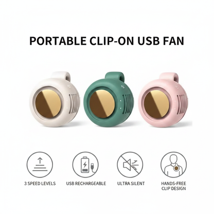 BreezClip Pro – Ventilador Corporal con Clip 💨 Sin Manos | 3 Colores | Recargable USB